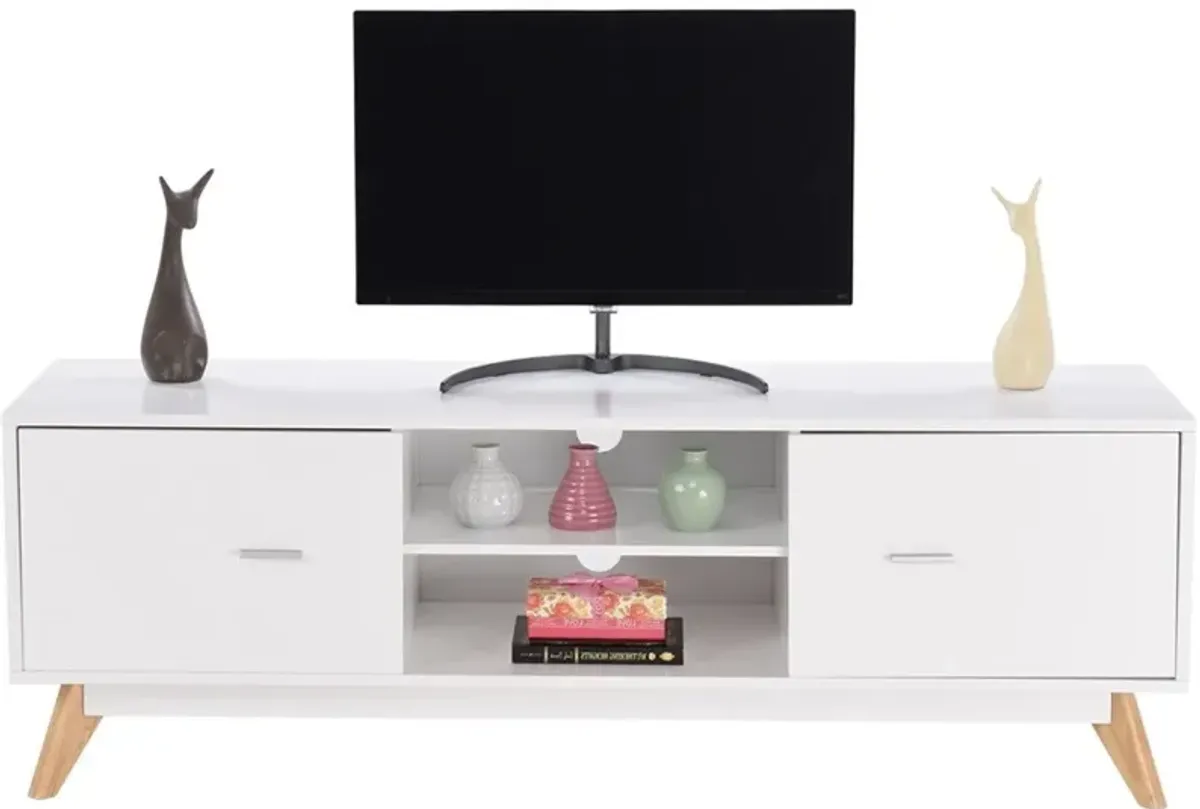 Hivvago Modern Mid Century Style White TV Stand with Wood Legs