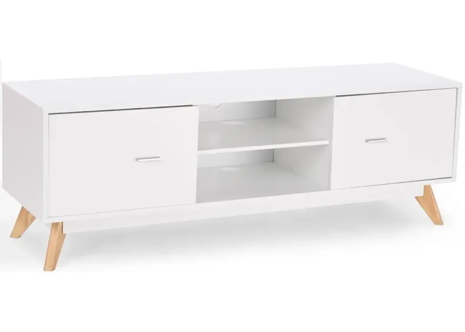 Hivvago Modern Mid Century Style White TV Stand with Wood Legs