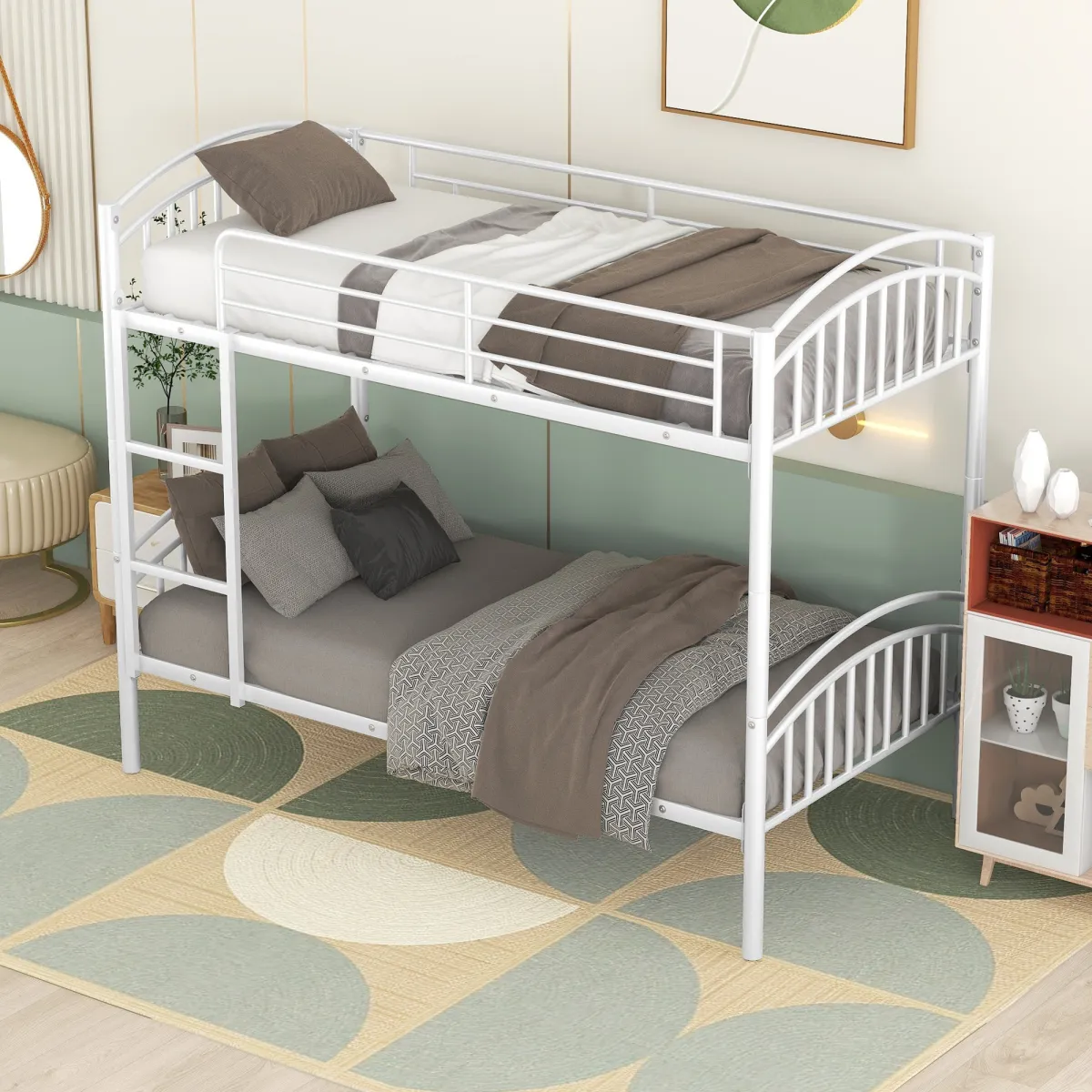 Twin Over Twin Metal Bunk Bed, Divided into Two Beds(White)