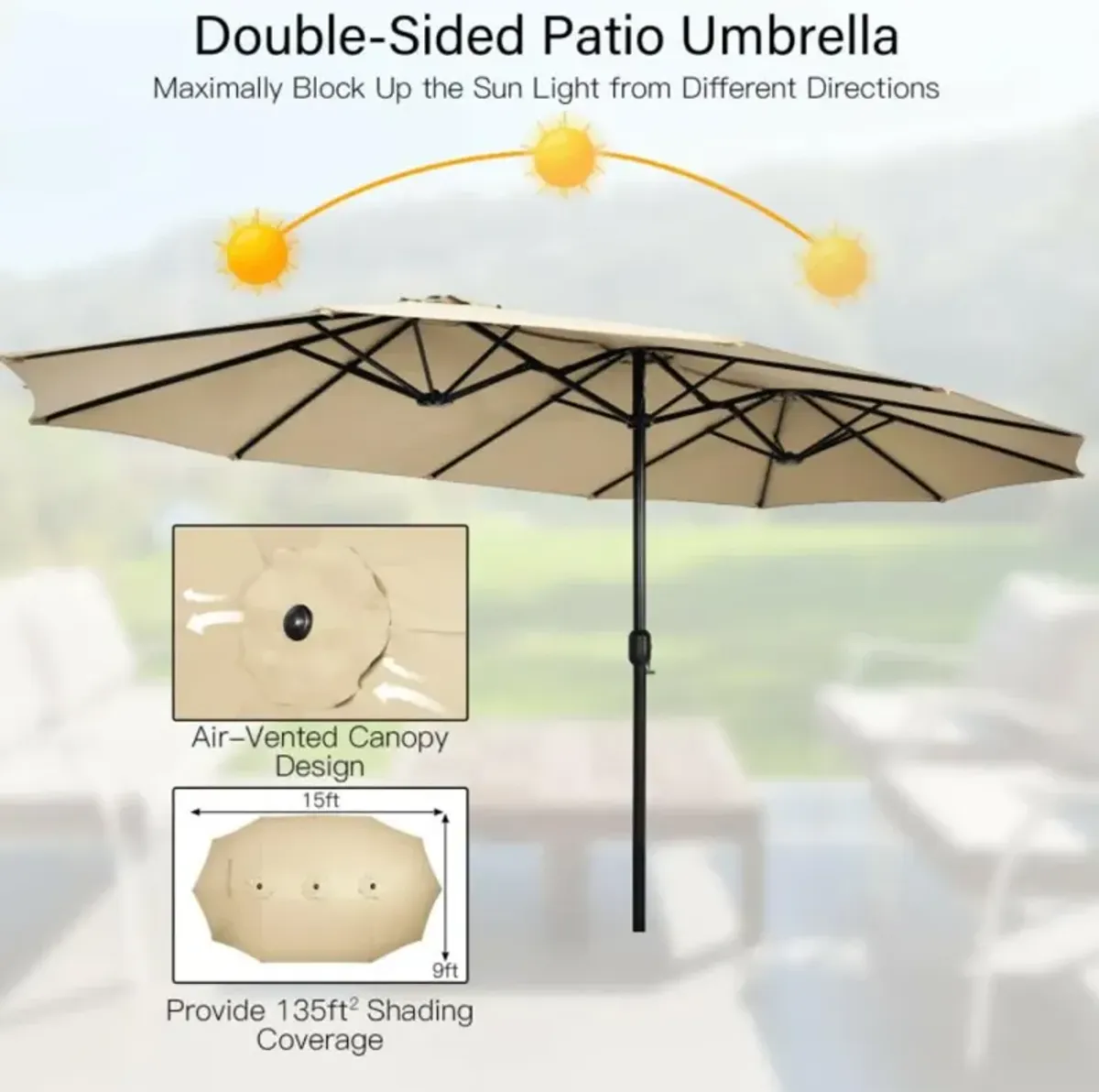 Hivvago 15 Feet Double-Sided Twin Patio Umbrella with Crank and Base