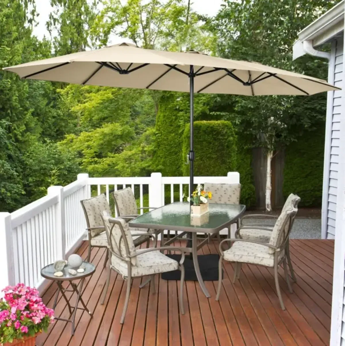 Hivvago 15 Feet Double-Sided Twin Patio Umbrella with Crank and Base