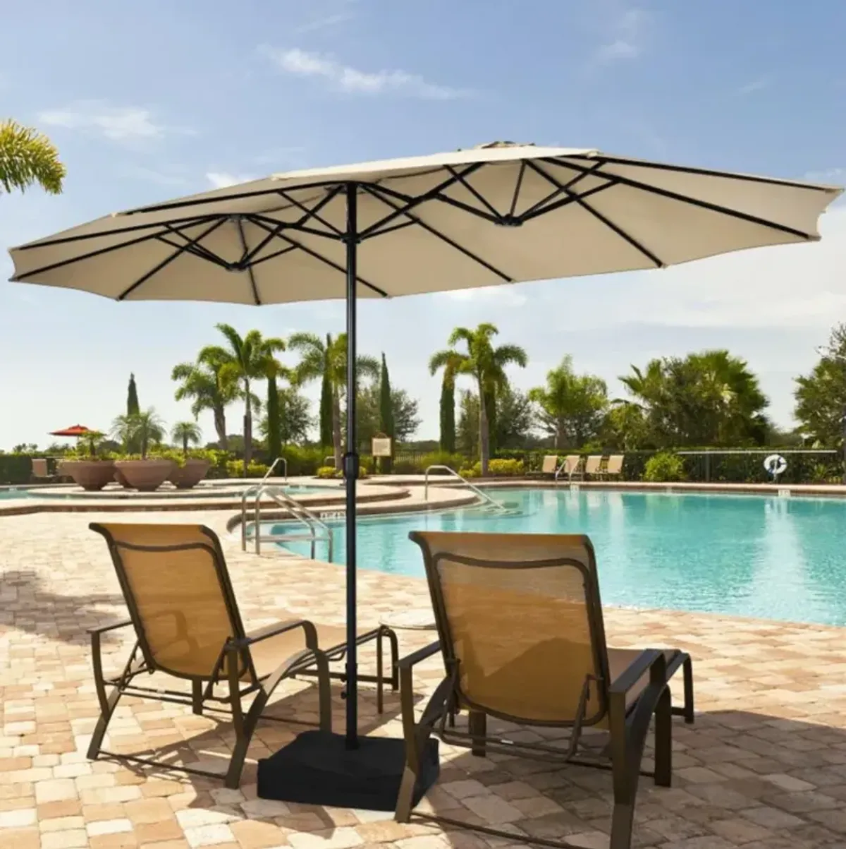 Hivvago 15 Feet Double-Sided Twin Patio Umbrella with Crank and Base
