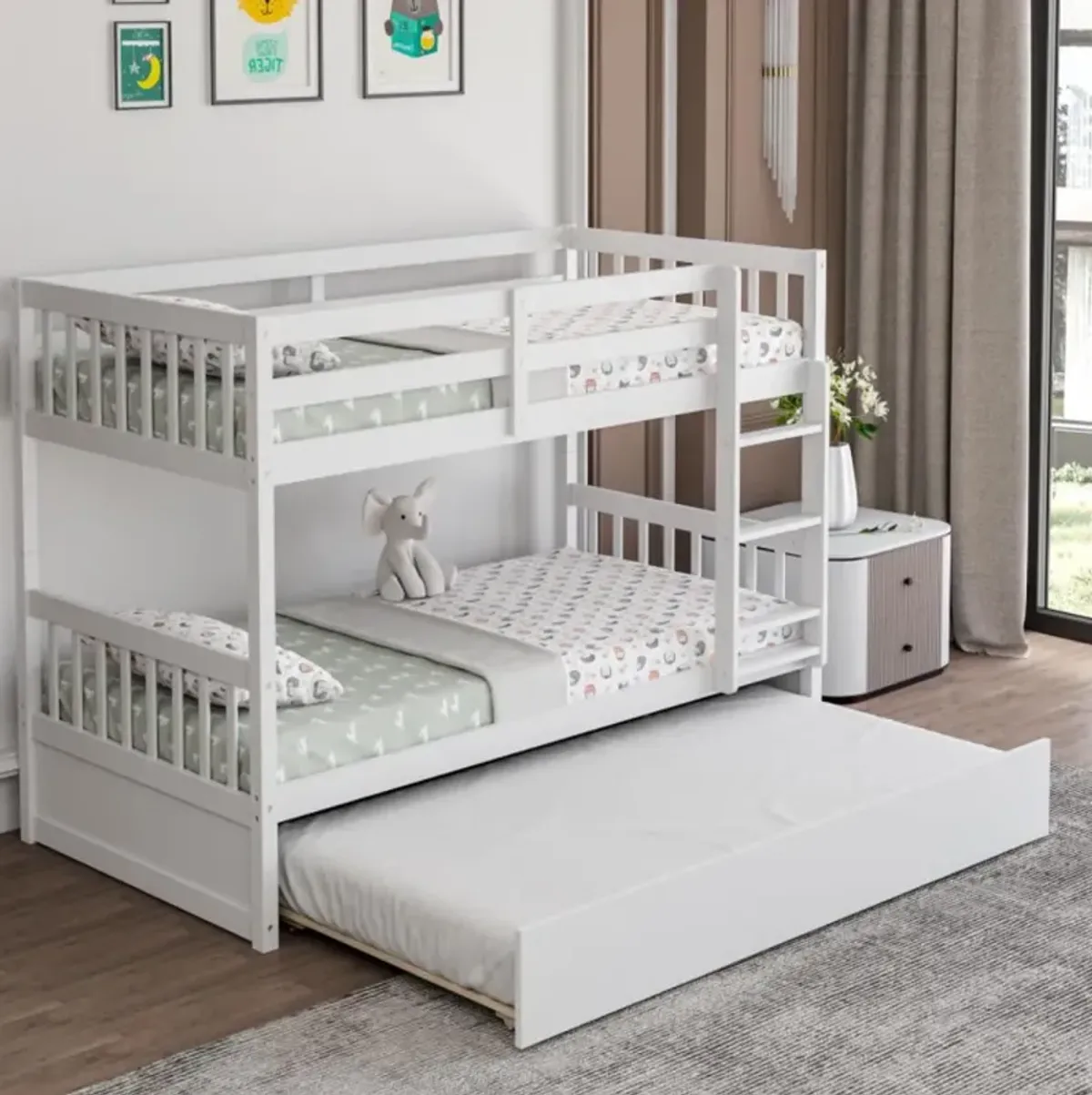 Hivvago Twin Over Twin Bunk Bed with Pull-out Trundle and Ladder