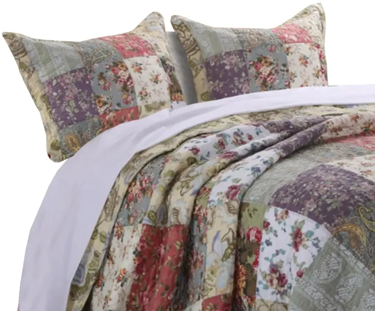 Chicago 3 Piece Fabric Queen Bedspread Set with Jacobean Prints, Multicolor - Benzara