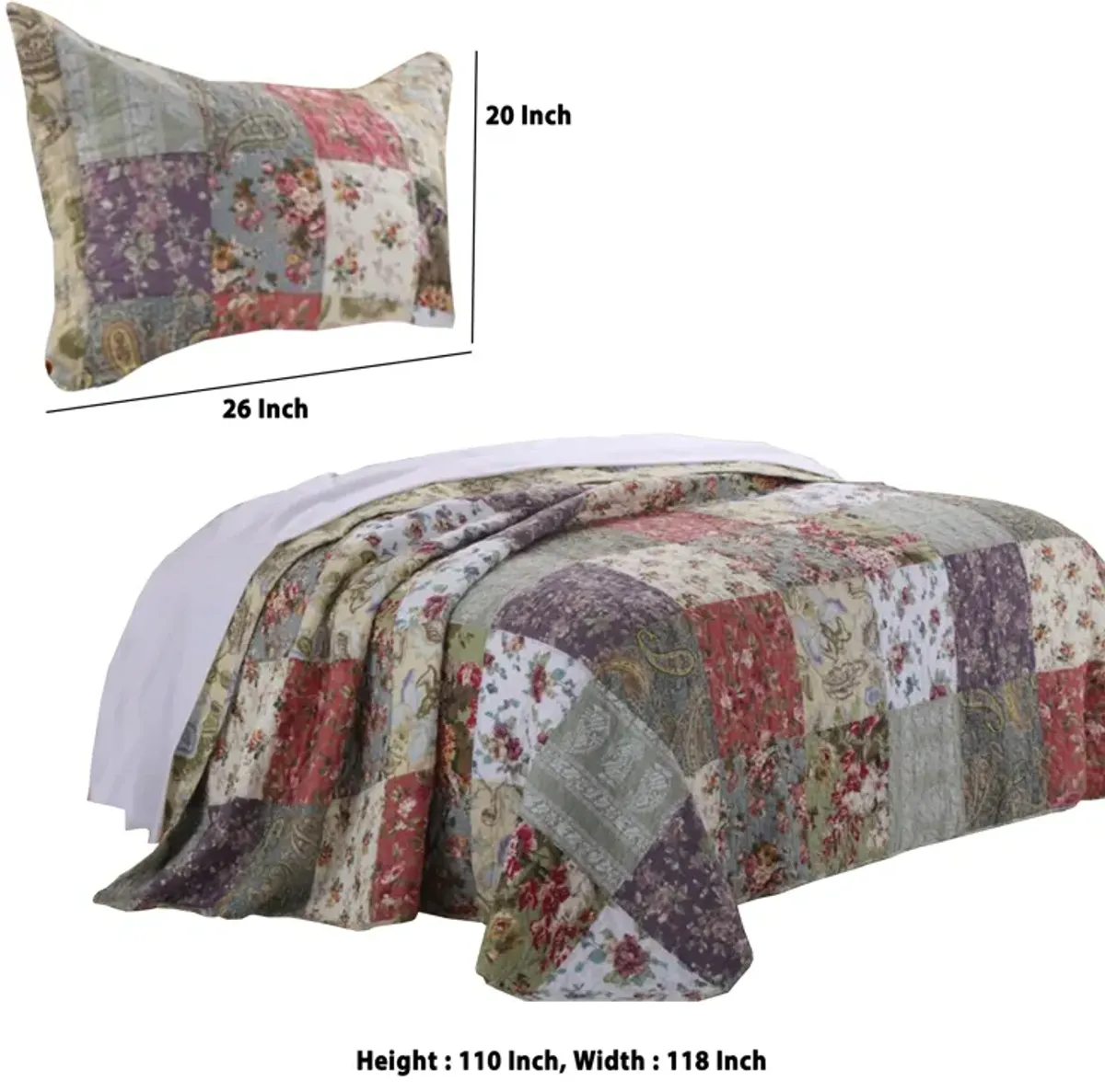 Chicago 3 Piece Fabric Queen Bedspread Set with Jacobean Prints, Multicolor - Benzara