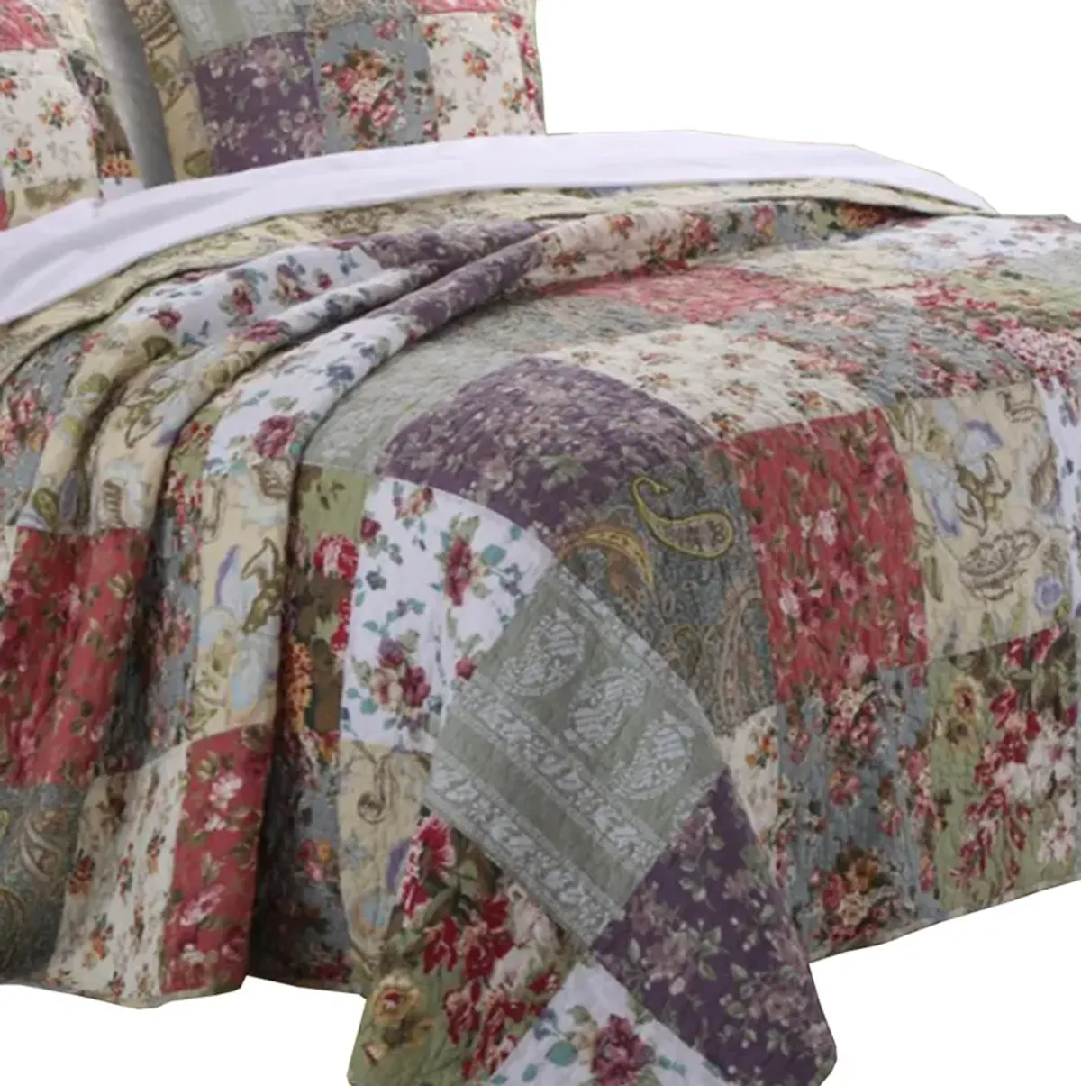 Chicago 3 Piece Fabric Queen Bedspread Set with Jacobean Prints, Multicolor - Benzara