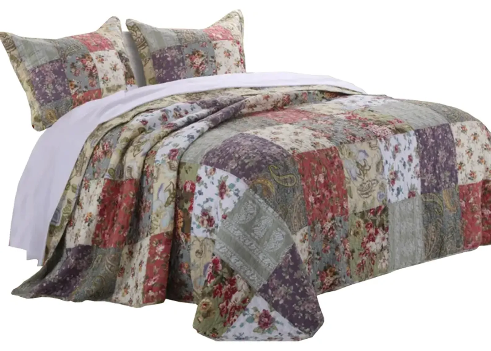 Chicago 3 Piece Fabric Queen Bedspread Set with Jacobean Prints, Multicolor - Benzara