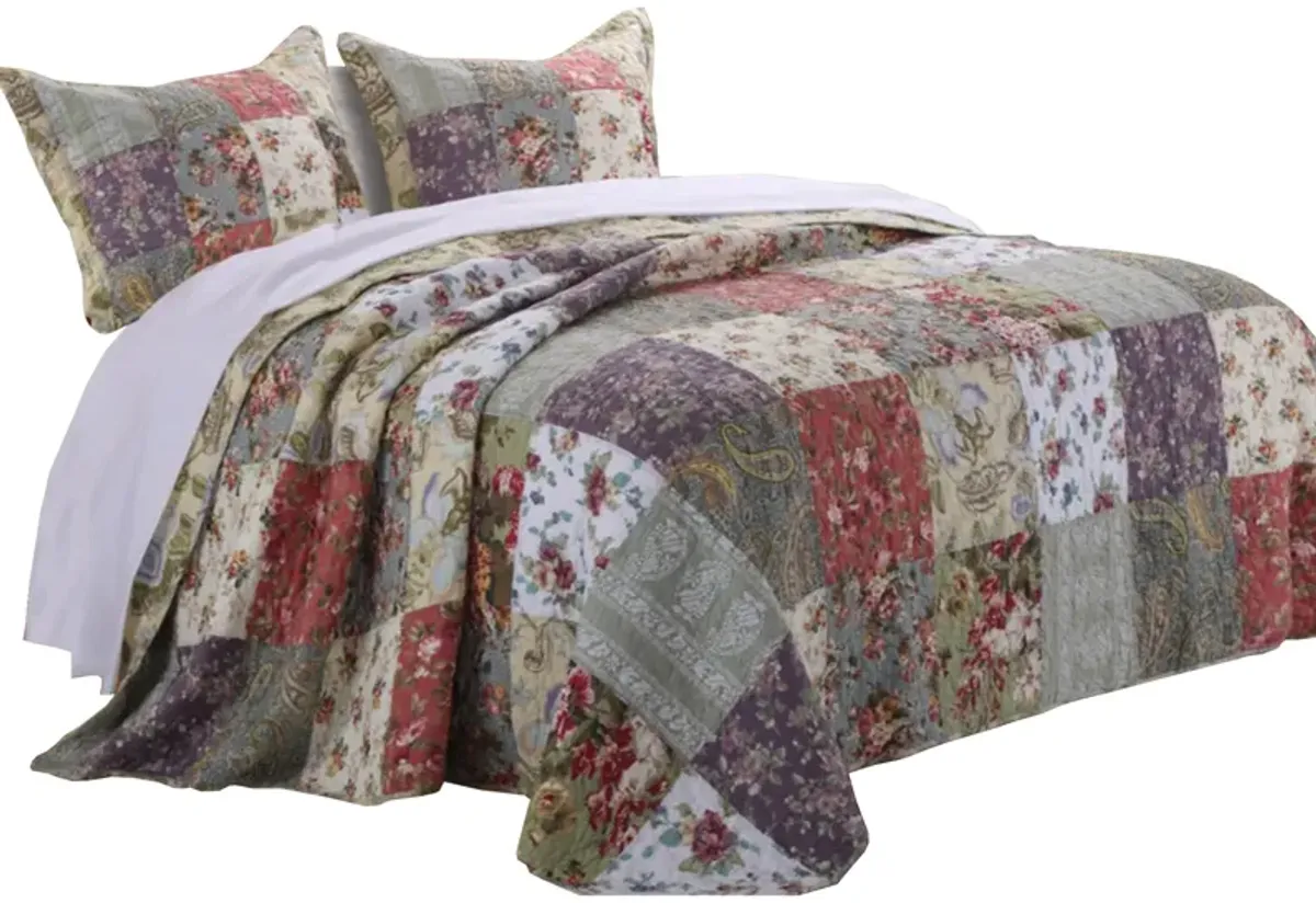 Chicago 3 Piece Fabric Queen Bedspread Set with Jacobean Prints, Multicolor - Benzara