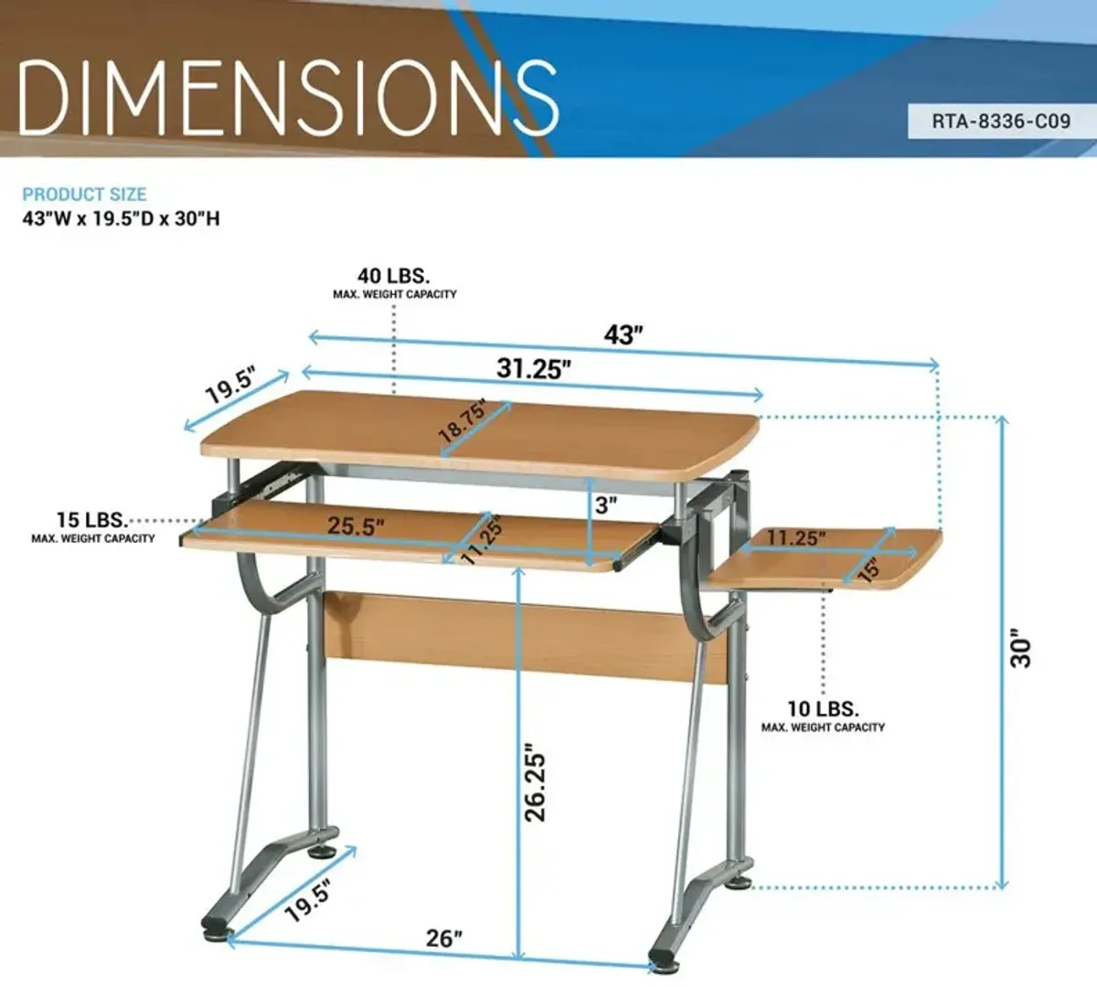 Techni Mobili Compact Computer Desk With Side Shelf And Keyboard Panel. Color: Cherry