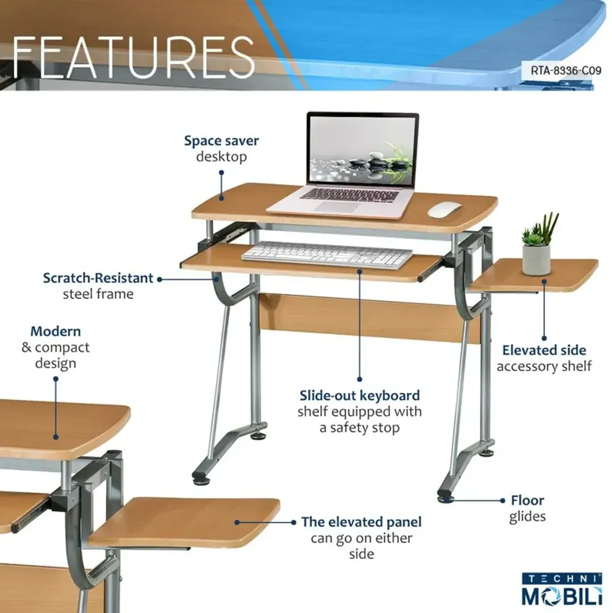 Techni Mobili Compact Computer Desk With Side Shelf And Keyboard Panel. Color: Cherry