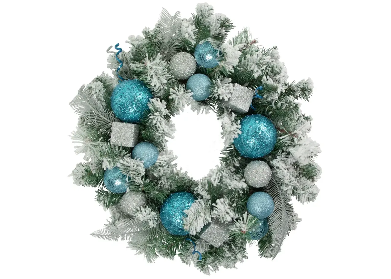 Flocked Pine with Teal and Silver Ornaments Artificial Christmas Wreath  24-Inch  Unlit