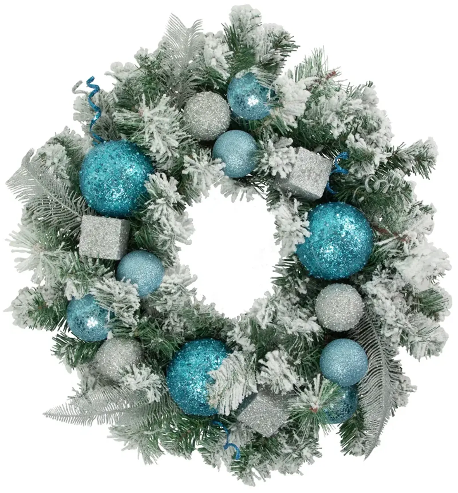 Flocked Pine with Teal and Silver Ornaments Artificial Christmas Wreath  24-Inch  Unlit