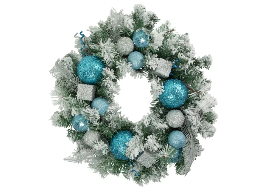 Flocked Pine with Teal and Silver Ornaments Artificial Christmas Wreath  24-Inch  Unlit