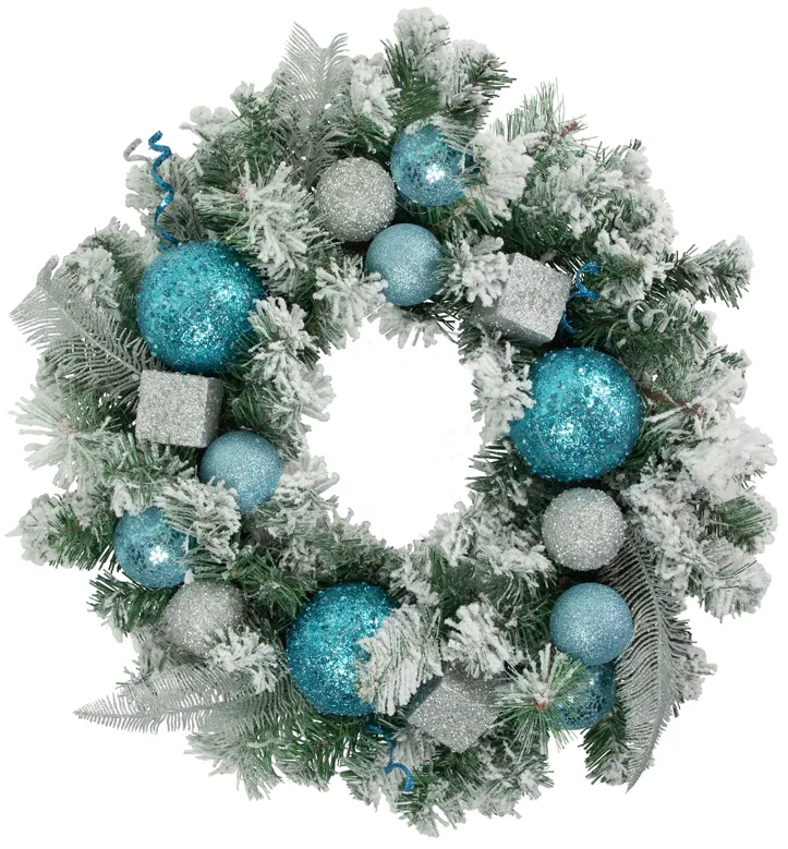 Flocked Pine with Teal and Silver Ornaments Artificial Christmas Wreath  24-Inch  Unlit