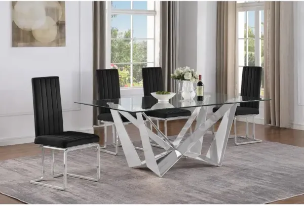 5pc Small(78") glass dining set with silver base and 4 Black side chairs