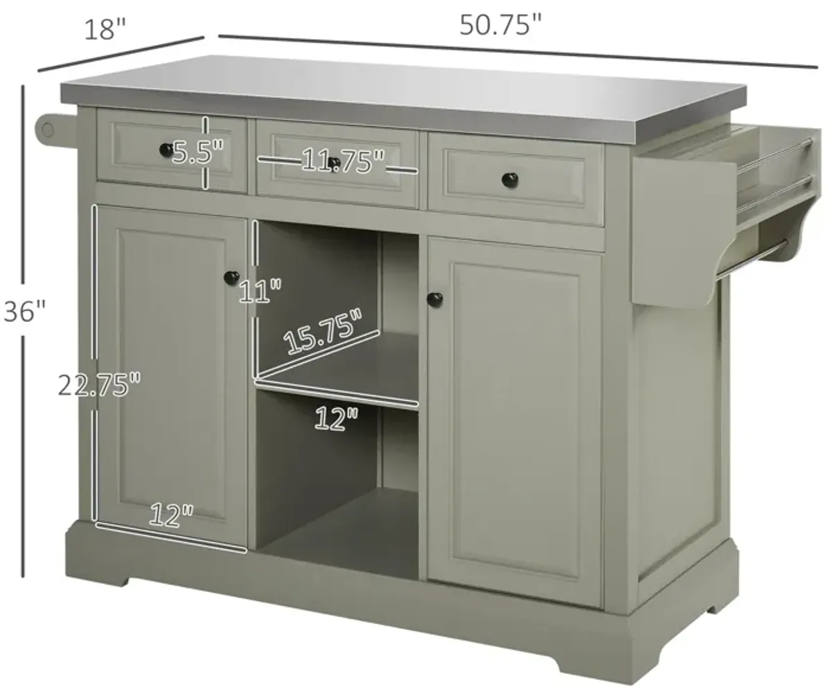 Gray Mobile Kitchen: Island Cart with Stainless Top and Multi-Storage