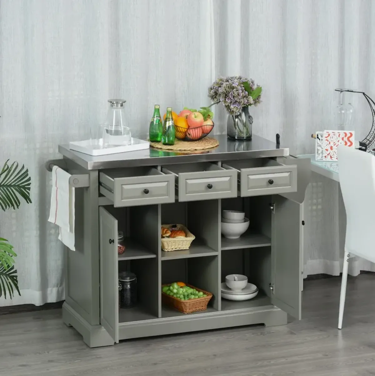 Gray Mobile Kitchen: Island Cart with Stainless Top and Multi-Storage