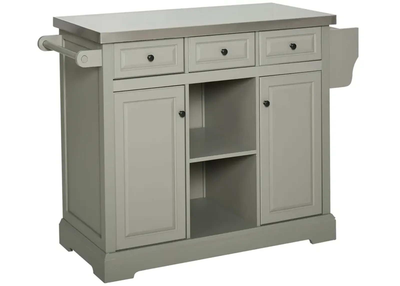 Gray Mobile Kitchen: Island Cart with Stainless Top and Multi-Storage