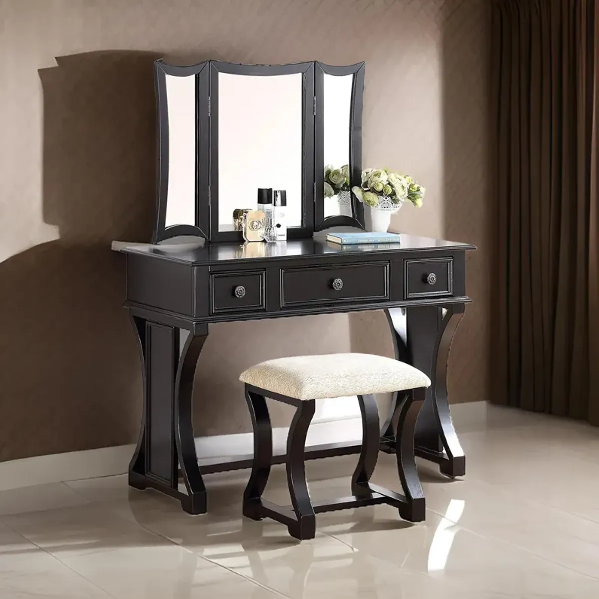 Modish Vanity Set Featuring Stool And Mirror Black-Benzara