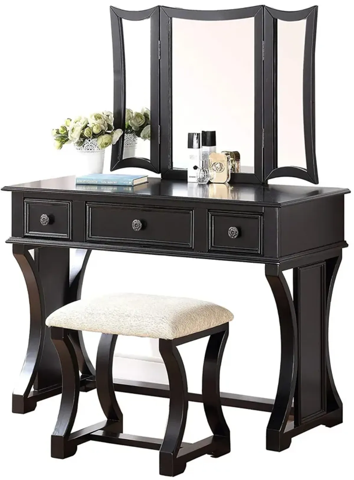 Modish Vanity Set Featuring Stool And Mirror Black-Benzara