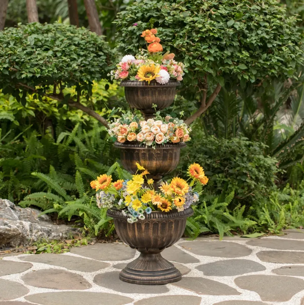 Outdoor Garden Triple Stacked Flower Bowl Urn Tier Planter Decoration, Bronze