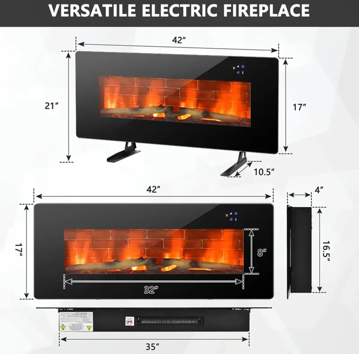 42 Inch Electric Wall Mounted Freestanding Fireplace with Remote Control-Black