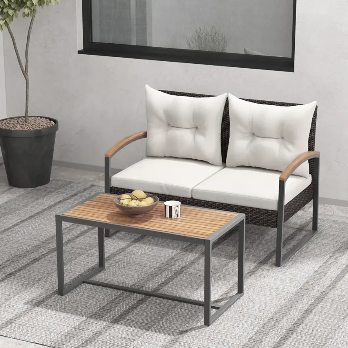 2 Pieces Patio PE Wicker Furniture Set with Acacia Wood Coffee Table-White