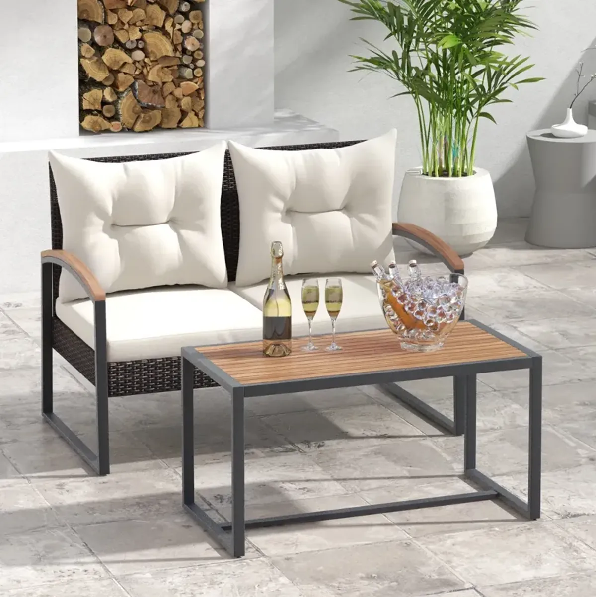 2 Pieces Patio PE Wicker Furniture Set with Acacia Wood Coffee Table-White