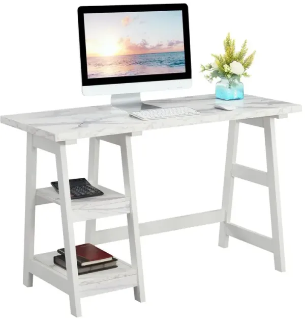 Convenience Concepts Designs2Go Trestle Desk with Shelves, White Faux Marble/White