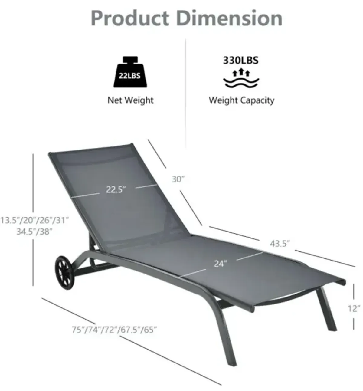 Hivvago 6-Poisition Adjustable Outdoor Chaise Recliner with Wheels