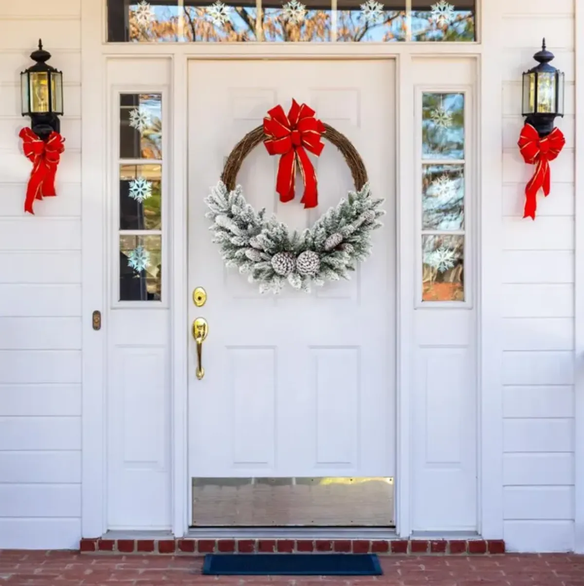 Hivvago Pre-lit Snow Flocked Artificial Christmas Wreath with 8 Pine Cones and 35 LED Lights