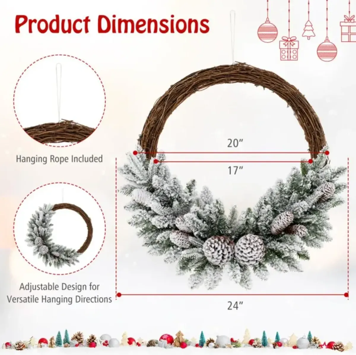 Hivvago Pre-lit Snow Flocked Artificial Christmas Wreath with 8 Pine Cones and 35 LED Lights