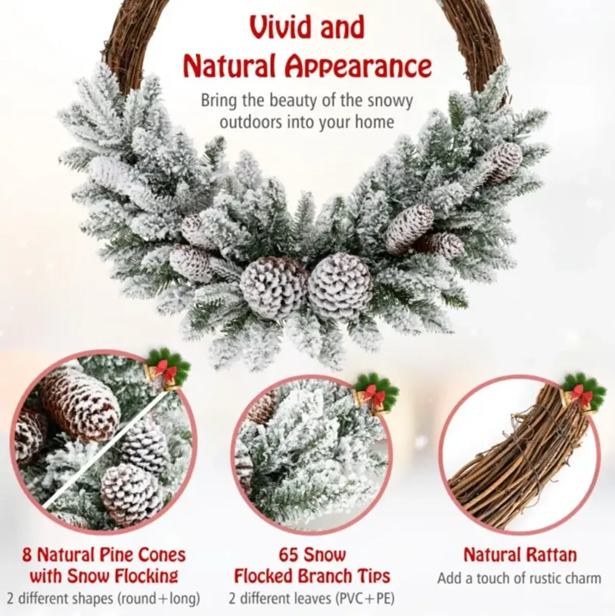 Hivvago Pre-lit Snow Flocked Artificial Christmas Wreath with 8 Pine Cones and 35 LED Lights