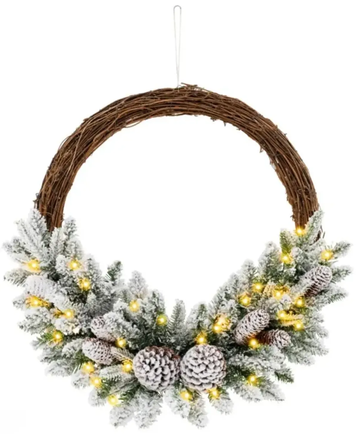 Hivvago Pre-lit Snow Flocked Artificial Christmas Wreath with 8 Pine Cones and 35 LED Lights