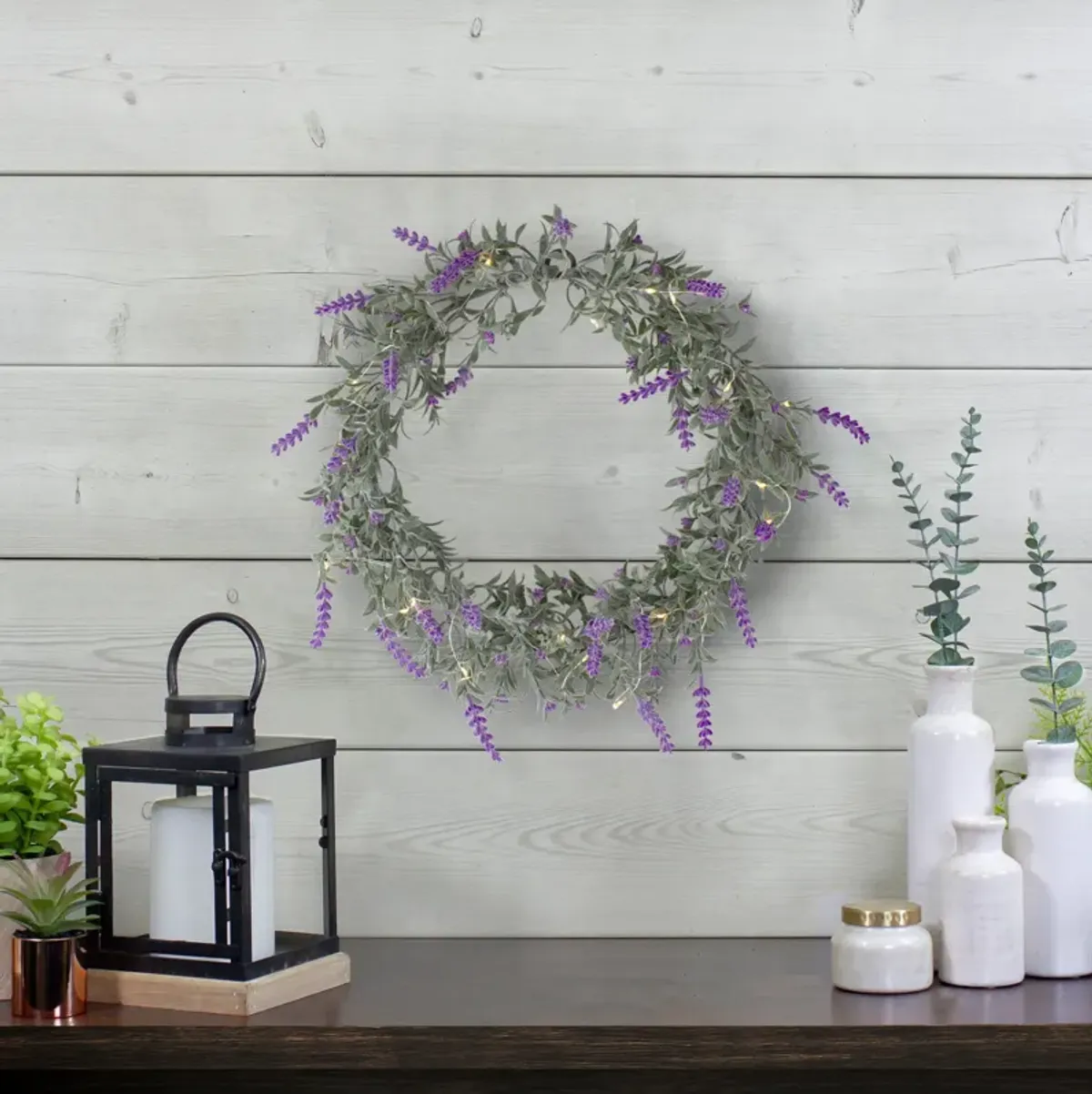 Pre-Lit Battery Operated Lavender Spring Wreath- 16" - White LED Lights