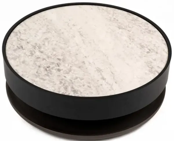 Cid Mauj Coffee Table, 37 Inch White Ceramic Top, Black Oak Veneer Body - Benzara