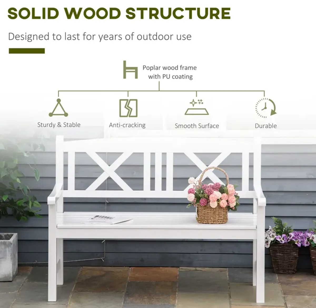 White Outdoor Seating: 2-Seater Wooden Garden Bench with X-Shape Back