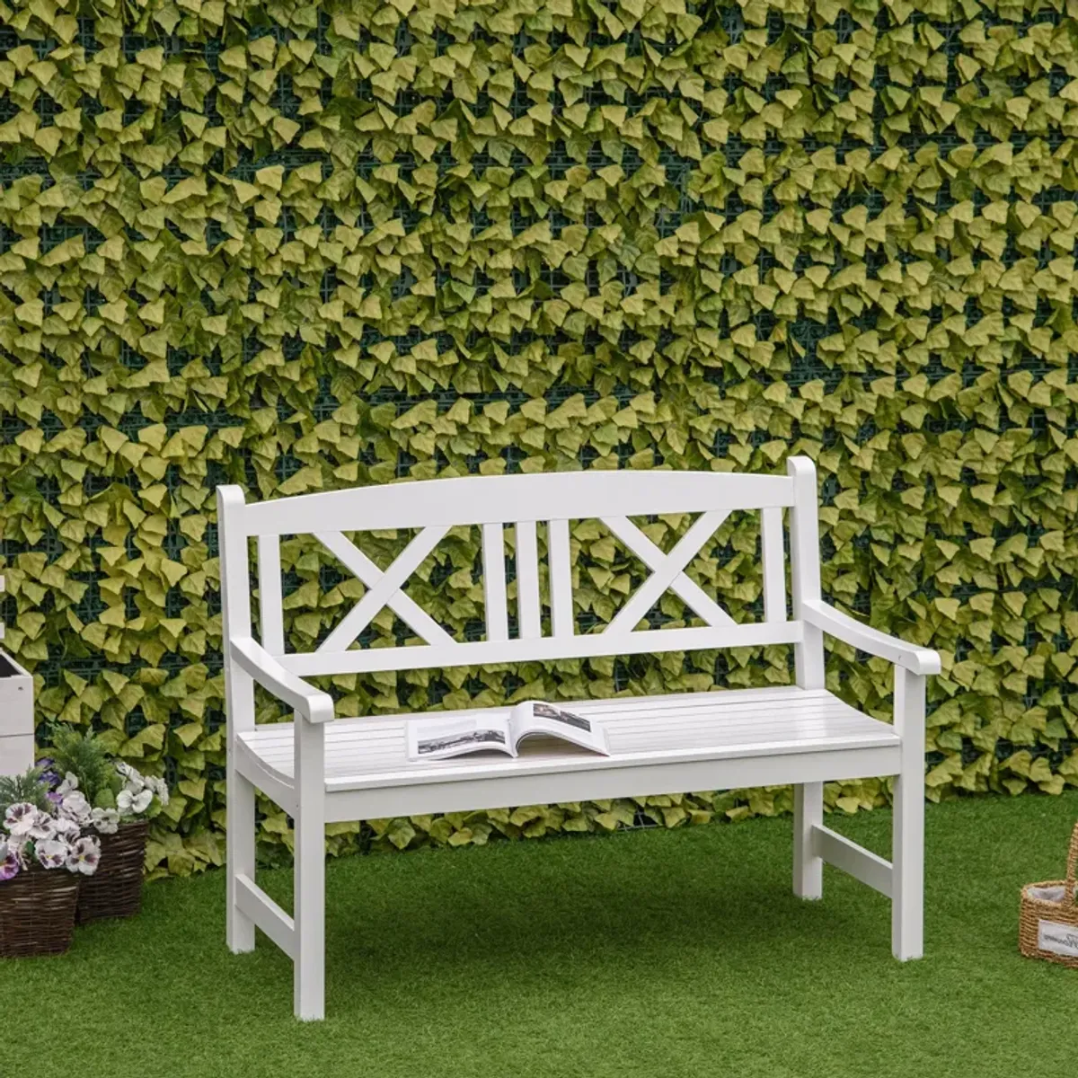 White Outdoor Seating: 2-Seater Wooden Garden Bench with X-Shape Back