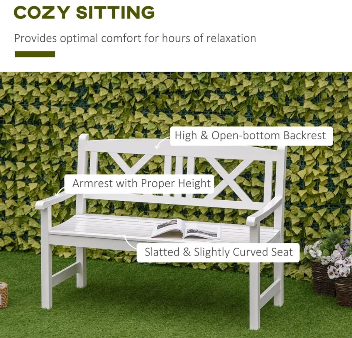 White Outdoor Seating: 2-Seater Wooden Garden Bench with X-Shape Back