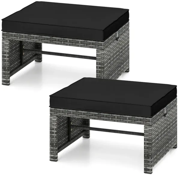 2 Pieces Patio PE Rattan Ottomans with Soft Zippered Cushions for Deck