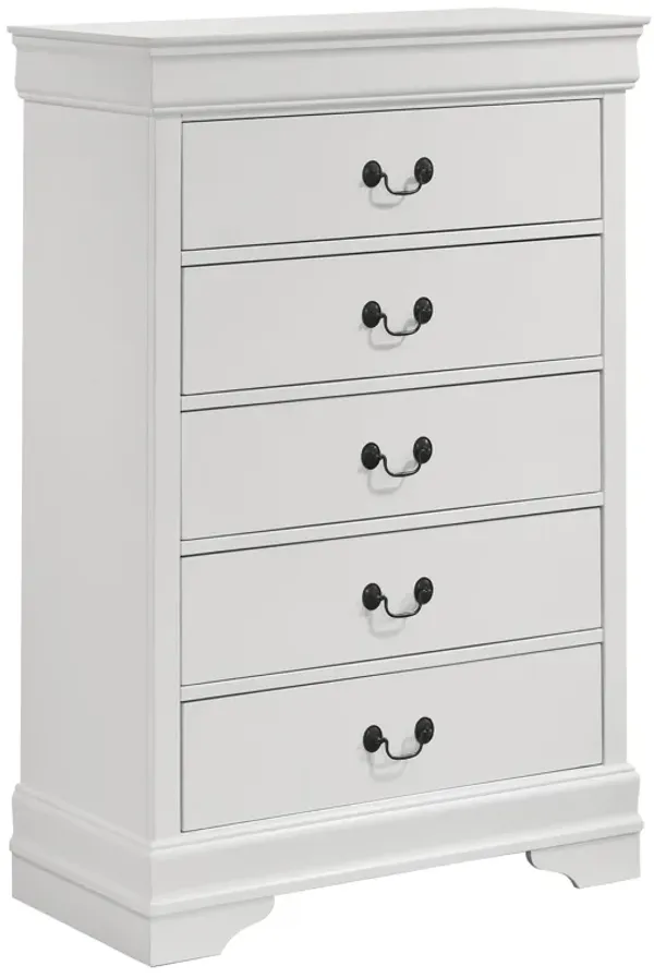 Nim Tall Dresser Chest, 5 Storage Drawers, Classic White Molded Trim - Benzara