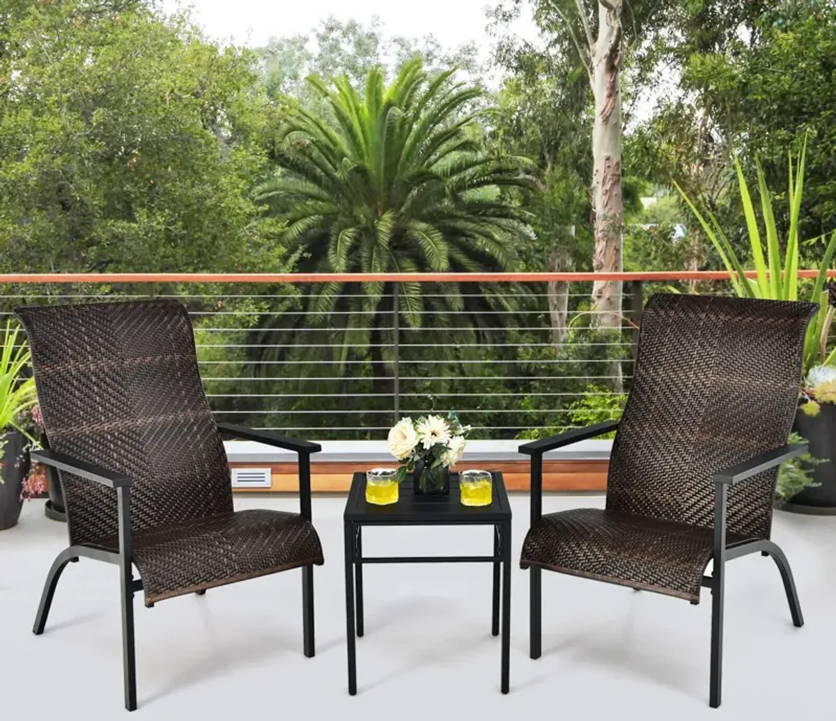 3 Pieces Patio Rattan Bistro Set with High Backrest and Armrest