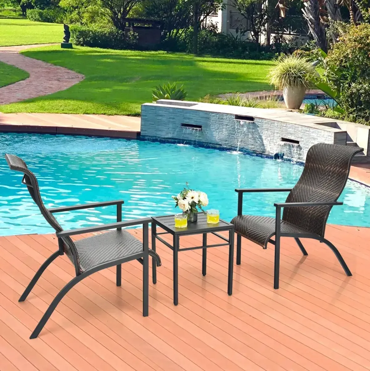 3 Pieces Patio Rattan Bistro Set with High Backrest and Armrest