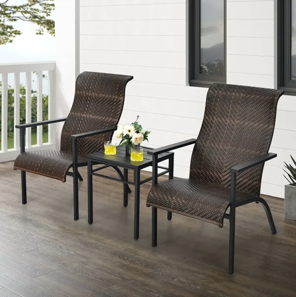 3 Pieces Patio Rattan Bistro Set with High Backrest and Armrest