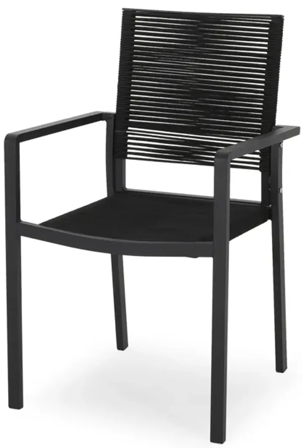 Sibu Outdoor Dining Chair Set of 2, Black Metal, Woven Rope Seat and Back - Benzara