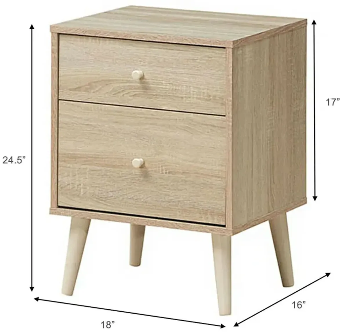 2-Drawer Nightstand Beside End Side Table with Rubber Legs