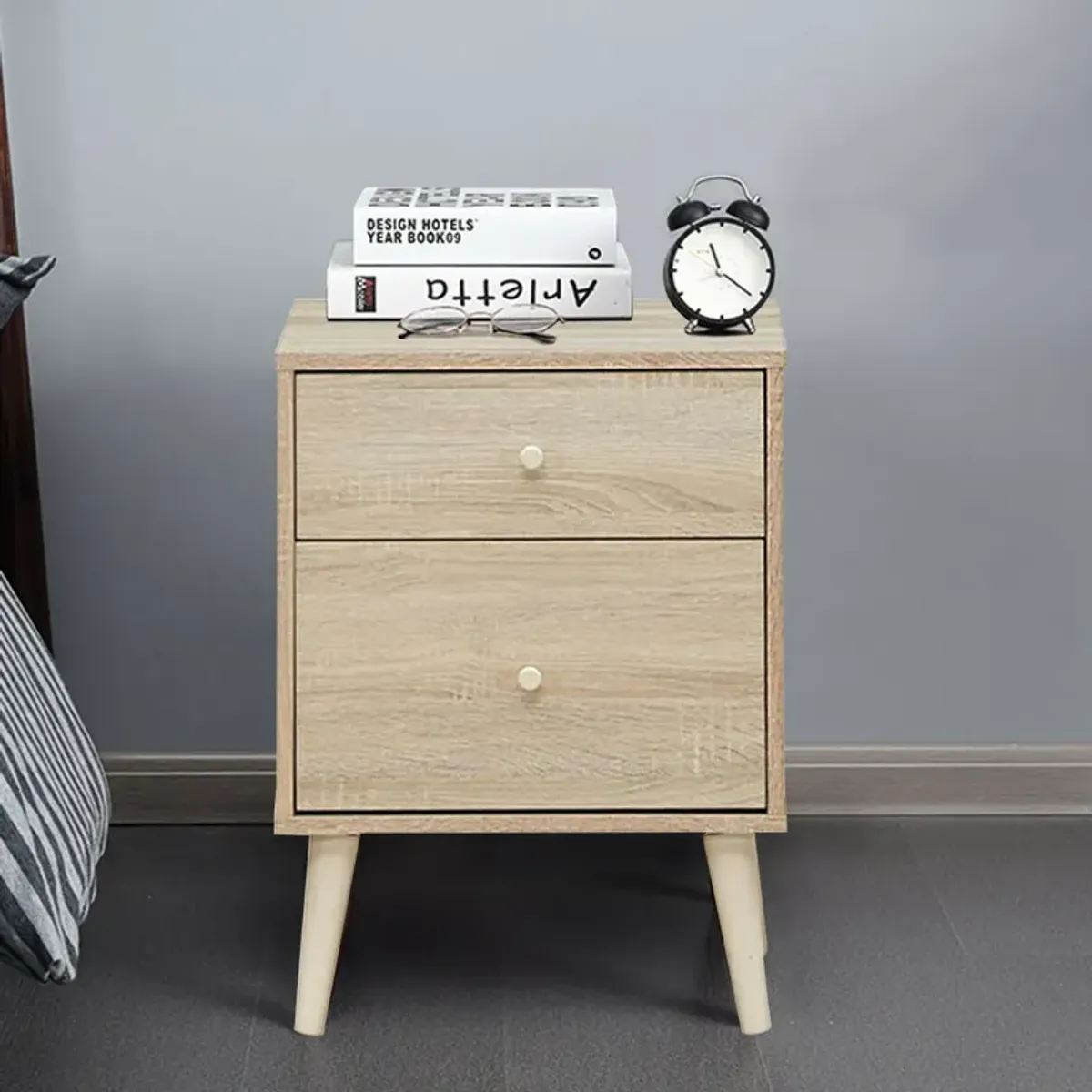 2-Drawer Nightstand Beside End Side Table with Rubber Legs