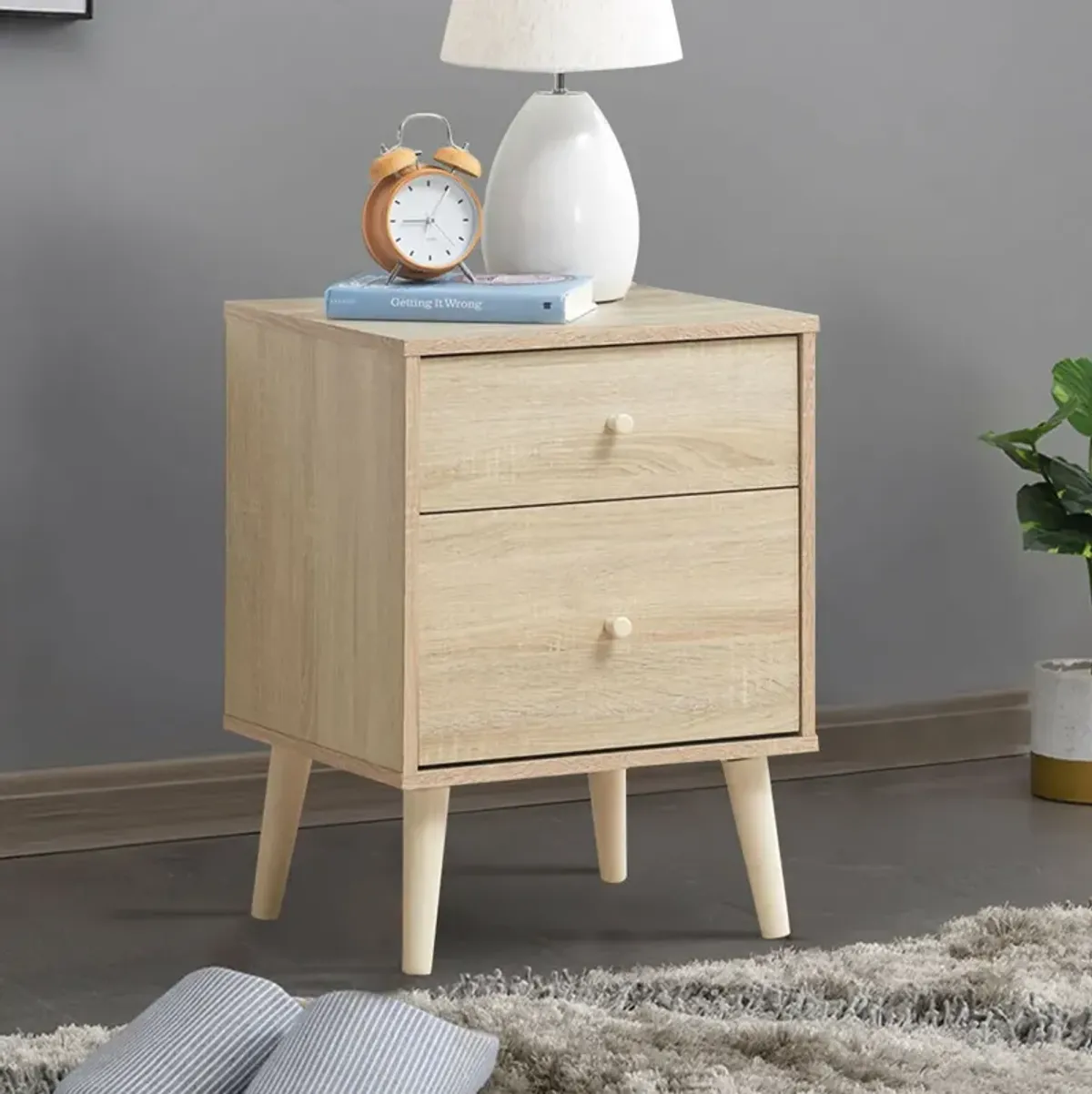 2-Drawer Nightstand Beside End Side Table with Rubber Legs