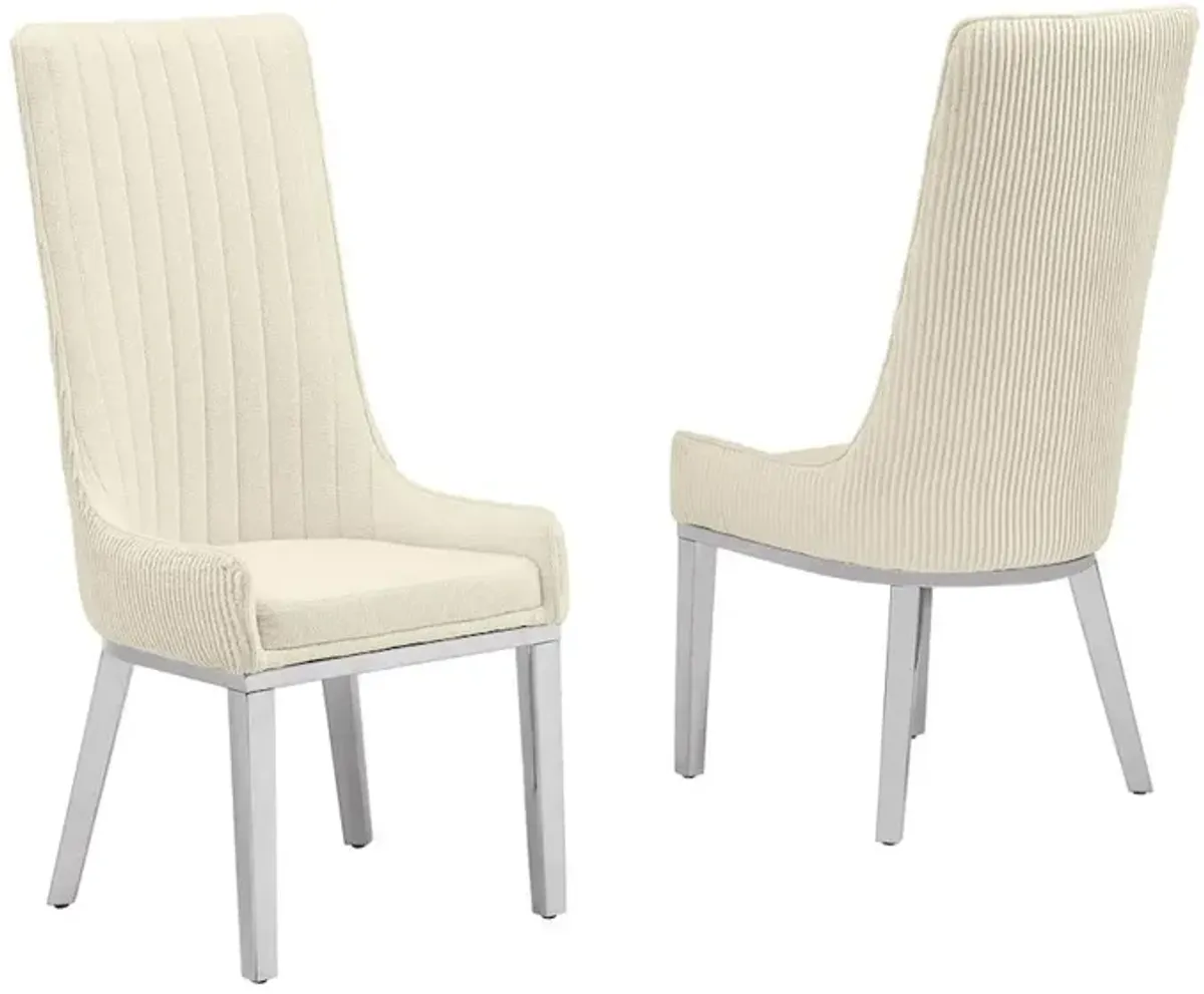 Best Quality Furniture Cream, Teddy Fabric, Pleated Back Side Chair With Silver Base, Set Of Two