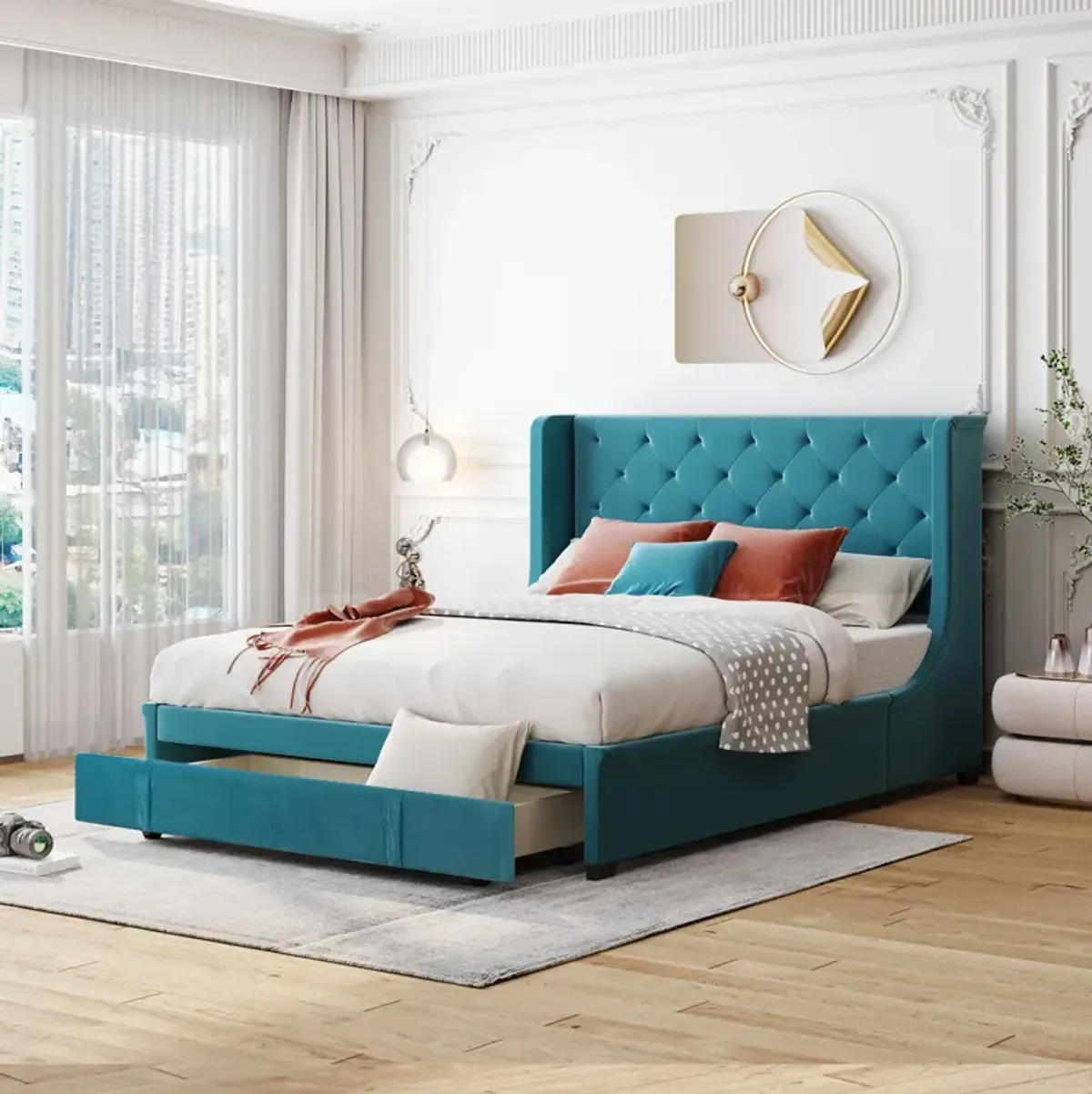 Streamdale Velvet Wingback Storage Platform Bed with Drawer